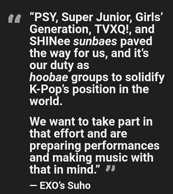 CUTEYLOEY's tweet photo. Stop using this picture of Junmyeon and actually put his whole quote in the damn photo. Junmyeon literally said that 1st and 2nd gen idols paved the way for Kpop. It��s EXO’s and other hoobae groups duty to spread Kpop even more. Stop using his humble words to fit your narrative. https://t.co/eFHtgezHqD