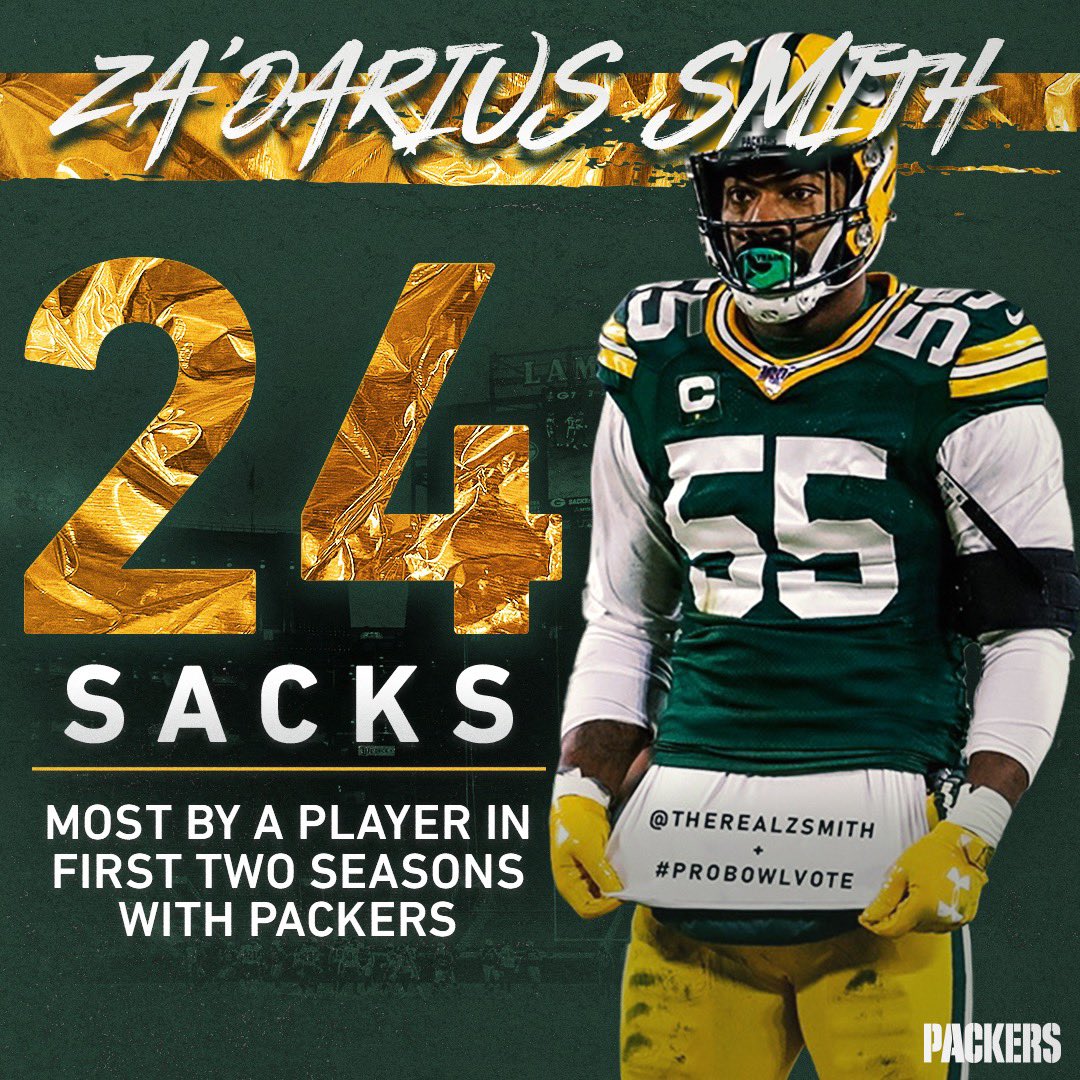 packers's tweet photo. Za’Darius Smith's 2️⃣4️⃣ sacks since 2019 are the most in team history by any player in his first two seasons with the #Packers. 💪  

🚨 RETWEET to #ProBowlVote for @TheRealZSmith 🚨

#GoPackGo https://t.co/OT59HtUUyW