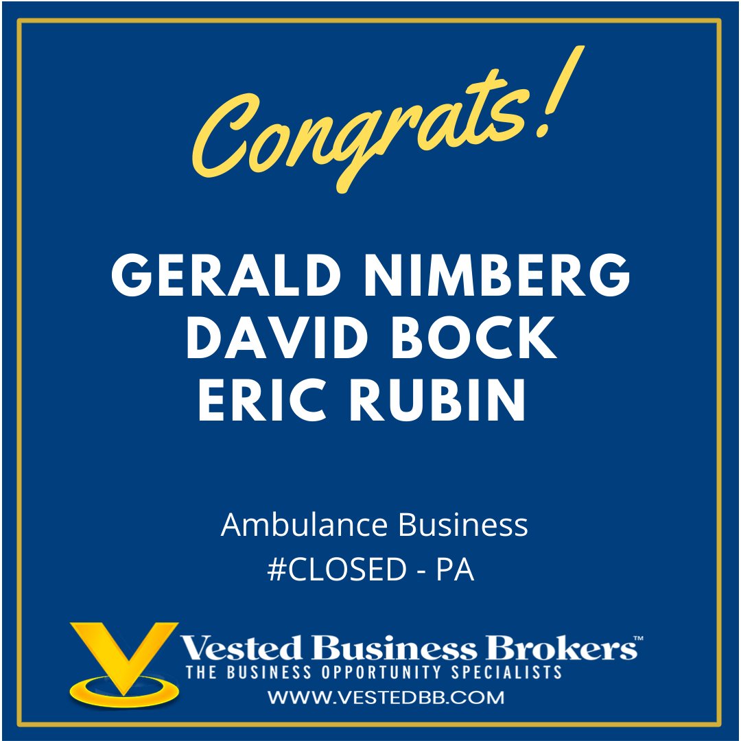 Vestedbb's tweet image. Vested Business Brokers closes another deal!  🎉

Congrats Gerald Nimberg, David Bock, and Eric Rubin on closing a PA ambulance business. Keep up the great work! #vested #closed #congrats 

vestedbb.com