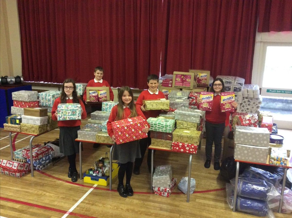 We have approx 130 shoe boxes, 13 sleeping bags and 300 boxes of cereal packed and ready to send off to the Belfast Homeless Christmas shoebox appeal. Super proud of our school community.