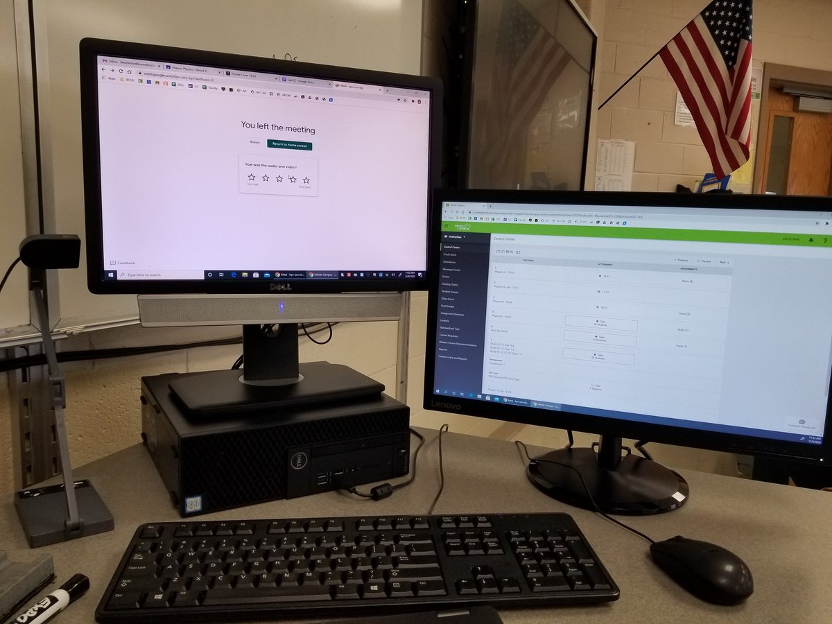 DrKoz_physics's tweet photo. Thanks @2ScreenTeacher and the Gambinos for this sweet new setup! #hybridteaching #somanyscreens #iteachphysics https://t.co/vtDzDJOFSQ