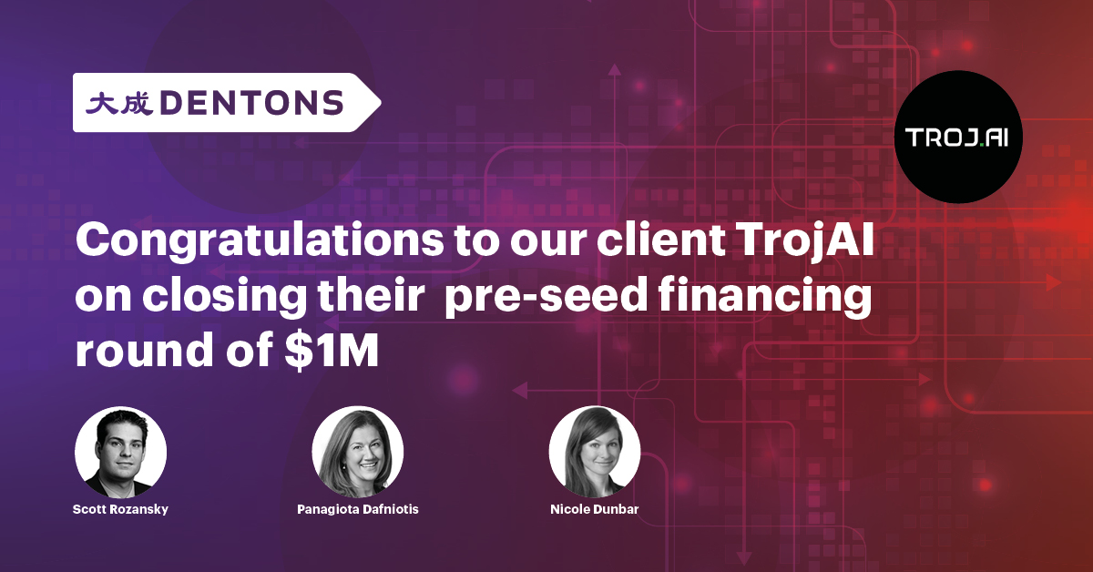 DentonsCanada's tweet photo. Congrats to our client @TrojAISec on completing the Techstars Montréal AI program and closing their pre-seed financing round of $1M.

TrojAI has developed a cloud-based risk scoring and mitigation system that protects AI from adversarial attacks. #Innovation #Startup #Dentons https://t.co/dBzcxrJ7Jj