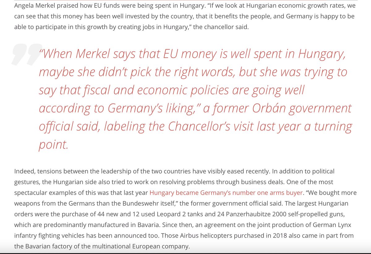 6/ It’s not just about cars, but arms. Last year, Angela Merkel actually praised how well Hungary is spending EU funds. At the same time, the Orban government started a military spending spree & ordered tons of weapons from Germany. More than the German army itself.