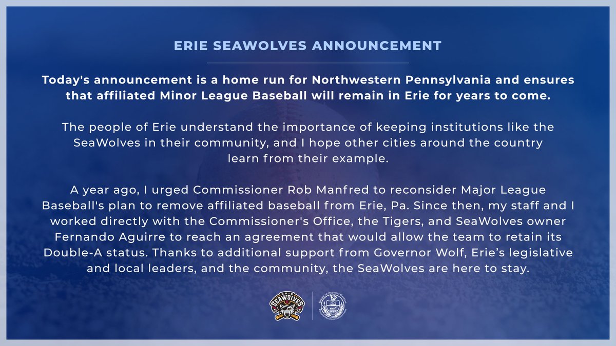 PAAttorneyGen's tweet photo. Your @erie_seawolves are here to stay. ⚾️🌊🐺 https://t.co/wFBA2H7SLx