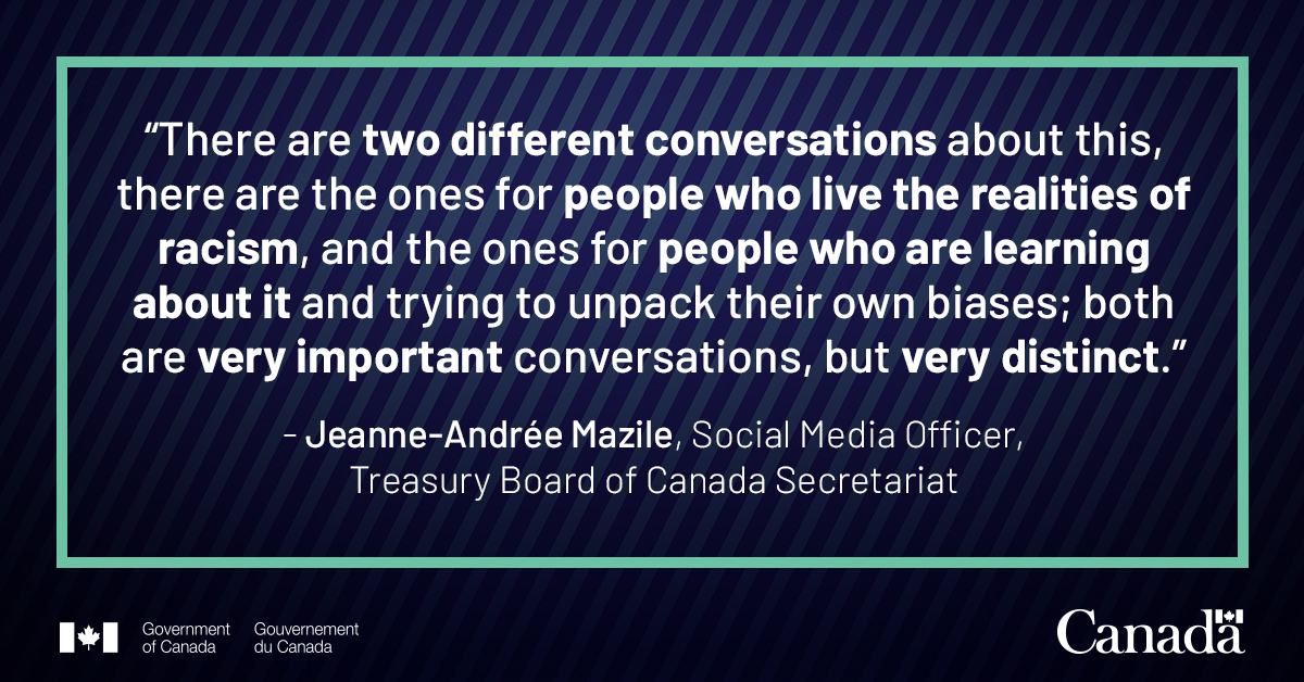 TBS_Canada's tweet photo. How can using privilege lead to progress?

In this #LivingDigital article, several Black colleagues across the #GC share the realities of racism and how we, as the #GC, can invoke change. https://t.co/UNBpYEhuGV https://t.co/0FXsEq8eW6