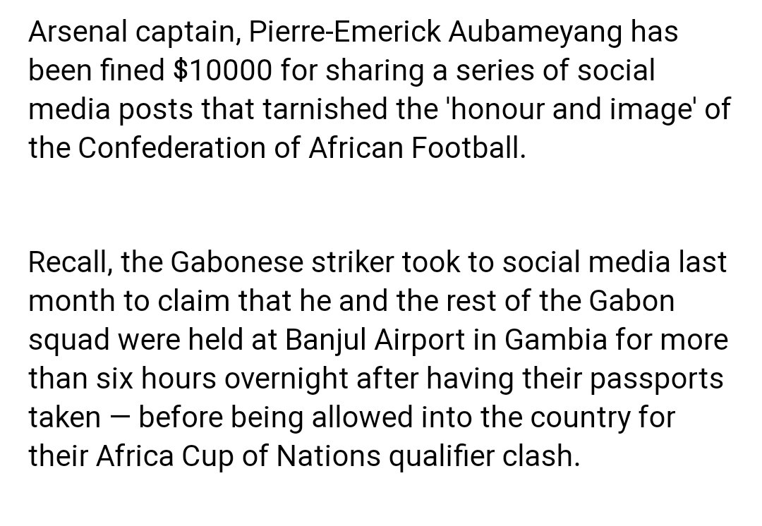 Gabonese captain, Pierre Aubameyang is being fined US$10,000 by CAF for posting images of the national team sleeping overnight at Banjul Airport, Gambia…