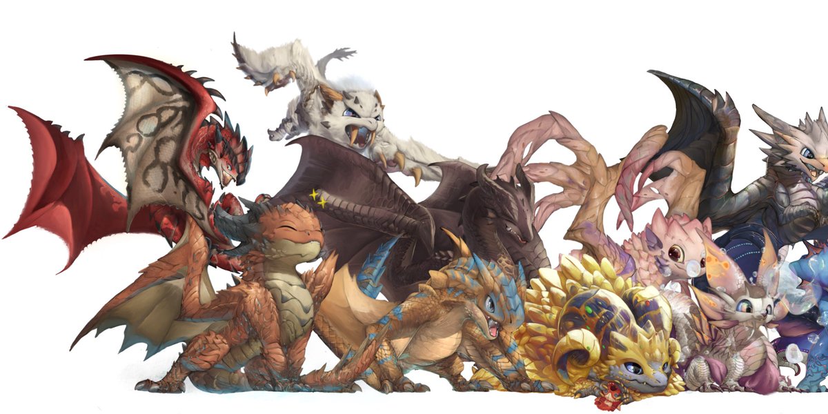 Xezeno1's tweet photo. Been drawing lot of cute Monsters from #monsterhunter since I first join tweeter. Here the monsters group photo for everyone who hasn’t seen my older artwork. Sorry for not talking much here cuz English is not my strong language. Anyways huge thanks to everyone for the support.～ https://t.co/GcJ5mOAKJX