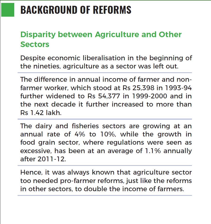 So what was the need for  #FarmLaws2020 reforms when as per Left groups all was well?1) Fragmented markets2) Insufficient markets3) Inadequate Infra4) Inadequate creditWhile rest of the economy was opening up, farmers were restricted. Result - Huge Income Disparity. 3/10