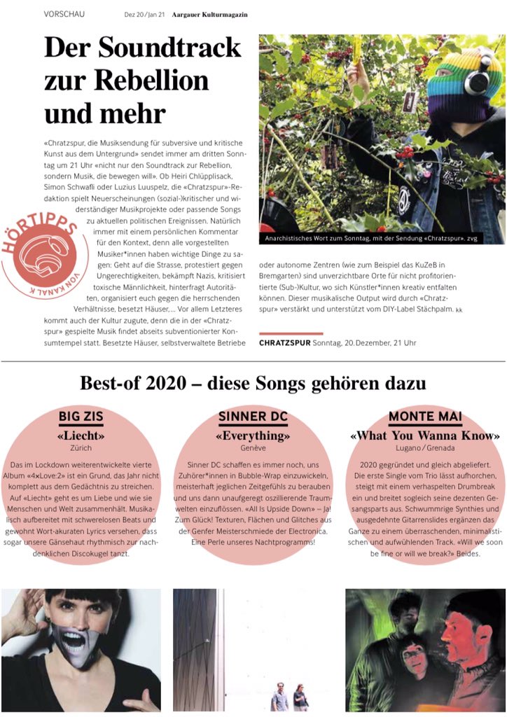 Stächpalm (@stachpalm) on Twitter photo Unsere Propaganda-Maschine bei #kanalk, die #Chratzspur ist der aktuelle Hörtipp im Aargauer Kulturmagazin AAKU. Und obwohl der Kanton Aargau eine Kulturbanause ist, geben wir weiterhin unser bestes. Das nächste „anarchistische Wort zum Sonntag“ gibs am 20. Dezember um 21.00. Unsere Propaganda-Maschine bei #kanalk, die #Chratzspur ist der aktuelle Hörtipp im Aargauer Kulturmagazin AAKU. Und obwohl der Kanton Aargau eine Kulturbanause ist, geben wir weiterhin unser bestes. Das nächste „anarchistische Wort zum Sonntag“ gibs am 20. Dezember um 21.00.