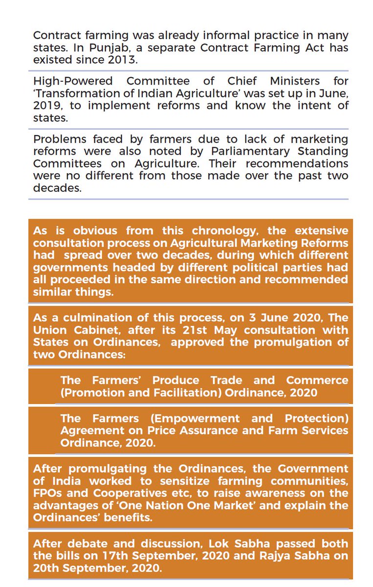 What about the charge that there has not been adequate consultation before  #FarmLaws2020 were passed?THE TRUTH: Two decades of consultation. Farm Reforms are perhaps the only policy reforms where there has been consensus movement in SAME DIRECTION by multiple governments. 4/10