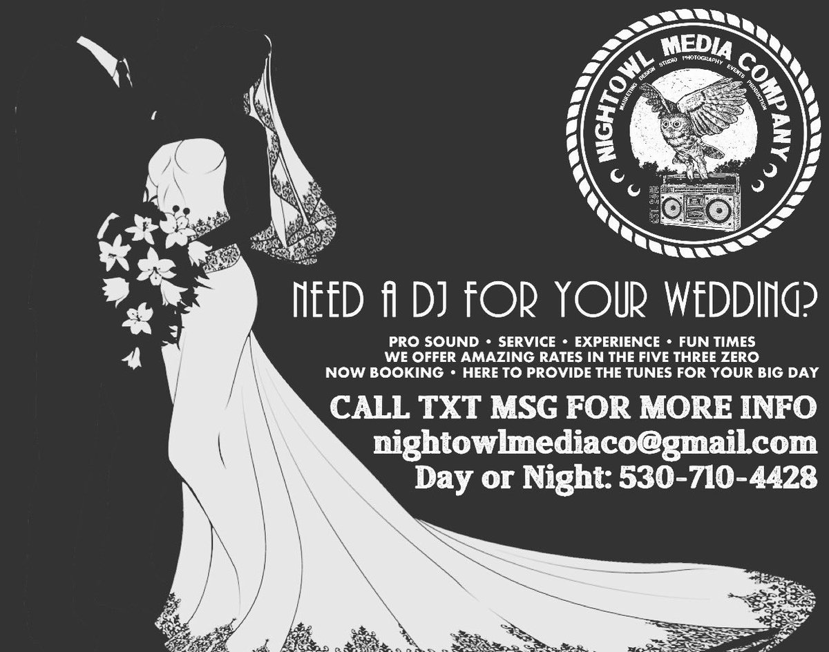 Booking 2021-2022 up fast! Contact us today and reserve your date with us, we would love to be part of your big day;-)

530-710-4428
nightowlmediaco@gmail.com