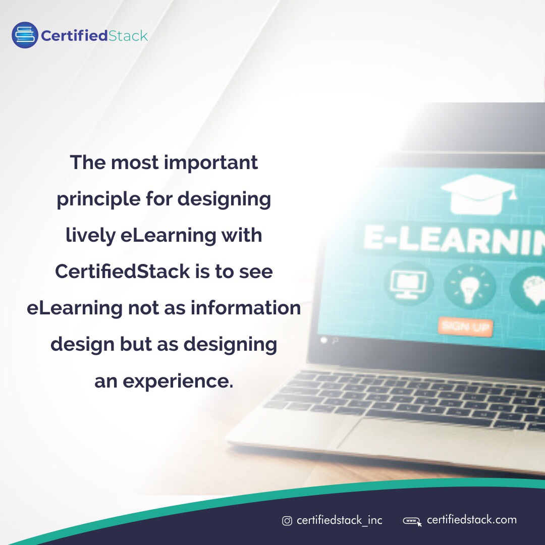 Certifiedstack2's tweet photo. The most important principle for designing lively eLearning with Certifiedstack is to see eLearning not as information design but as designing an experience.

#elearning #designing #information #career #ProfessionalCourses #profession #principle https://t.co/ybh1aZY2qm