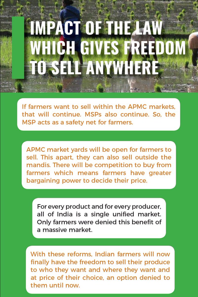 So what are the benefits of the law that allows the farmers to sell in APMC Mandis as at present but also, and importantly, anywhere outside?1) Better price discovery for farmer2) Converts present buyers market to sellers (farmer) market3) Better logistics in rural areas5/10