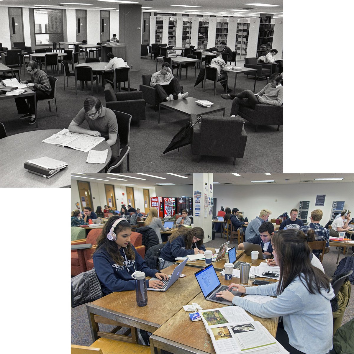 gtownlibrary's tweet photo. The second floor of Lau has changed with the nature of studying, as these photos from 1970 and 2017 demonstrate. #50DaysofLau https://t.co/TmRxLZDbNH