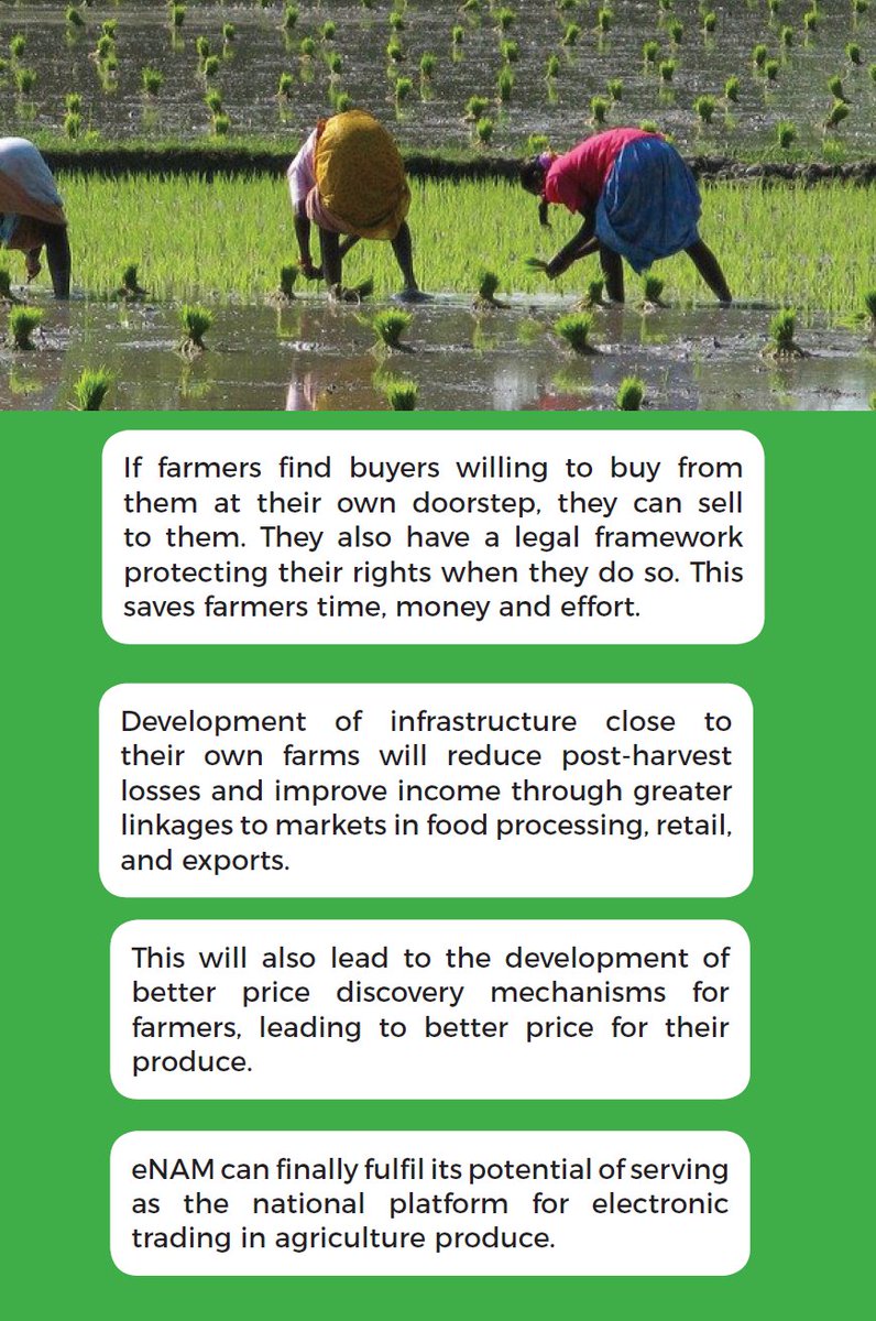 So what are the benefits of the law that allows the farmers to sell in APMC Mandis as at present but also, and importantly, anywhere outside?1) Better price discovery for farmer2) Converts present buyers market to sellers (farmer) market3) Better logistics in rural areas5/10