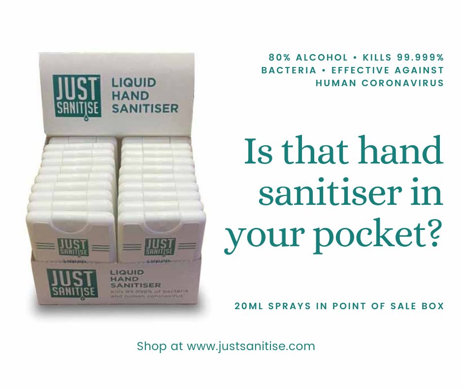 JustSanitise's tweet photo. Our hand sanitisers come in credit card 20ml sprays. Perfect for everyday use.  Counter top box of 20 credit card size spray for £19.99 + VAT https://t.co/8CRPoxwoBb
#spray #handsanitiser #easyuse #killsbacteria #bacteria #covid-19 https://t.co/vb4Lie6Gxe