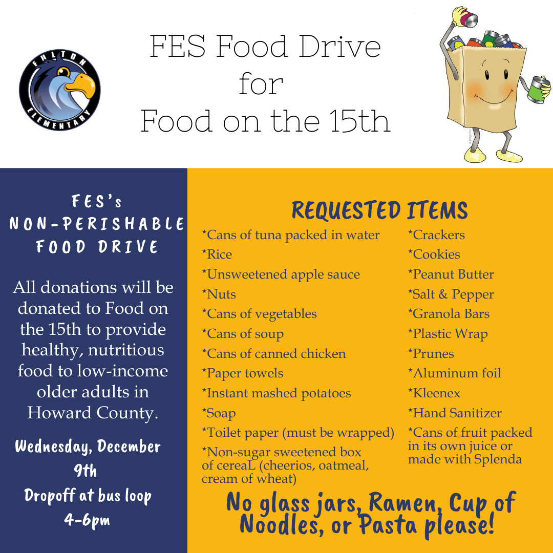 Don't forget to drop off your donations for  Food on the 15th between 4-6 PM at FES.  We can't thank you enough for paying it forward. 

And for today - Exercise your right to be different by sporting some athletic clothing!