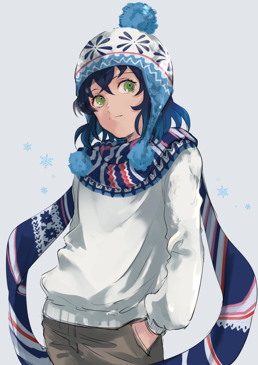 solo 1boy male focus green eyes blue hair scarf sweater  illustration images