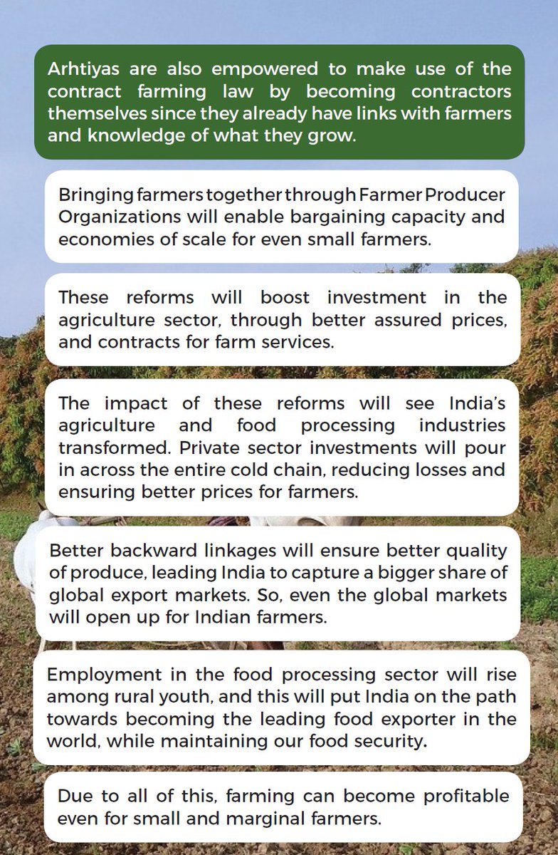 What are the benefits of the Contract Farming law?1) Assured price for farmer2) Contracted price is bare minimum in case of more profits farmer gets additional bonus3) Arhtiyas get more options4) More investment in infra at farmer door step5) Rural youth get more jobs 6/10