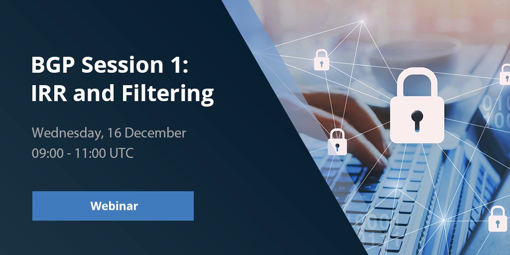 ripencc's tweet photo. This two hour webinar will teach you to identify #BGPsecurity issues and how to prevent incidents by applying security measures. Sign up for one of our last webinars for 2020 at:
https://t.co/NYTWNYPeQL https://t.co/MM69gEyqF5