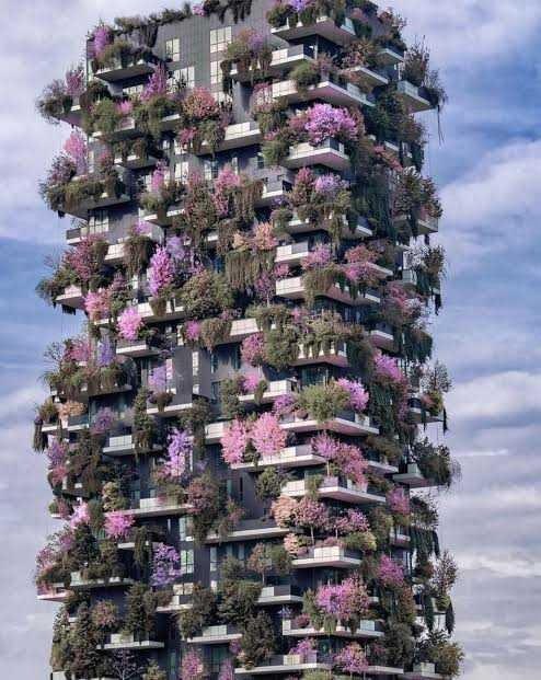 The Bosco Verticale / Vertical Forest high-rise complex in Milan, Italy. The plant life, which is said to equal 3 hectares of forests (20,000 sq m), not only moderates the temperature in summer and winter but also converts as much as 30 tonnes of CO2 each year. 🤗