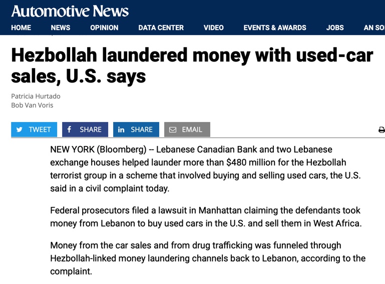 10. A well know tactic of Hezbollah and Al-Attar, a convicted felon of millions of dollars in Medicaid fraud, is to use car dealerships for laundering drug operation profits.