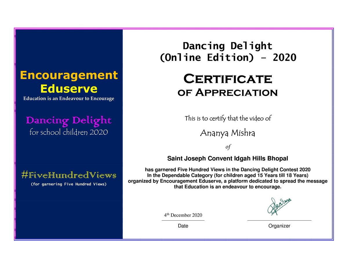 EEduserve's tweet photo. #FiveHundredViews

#EncouragementEduserve
#EndeavourToEncourage

Certificate of Appreciation

The video, https://t.co/HcSJqu8i6r, of Ananya Mishra, a student of Saint Joseph Convent Idgah Hills Bhopal, has garnered #FiveHundredViews in the #DancingDelight

https://t.co/CEHVECEtEw https://t.co/NgqJBRtYcD