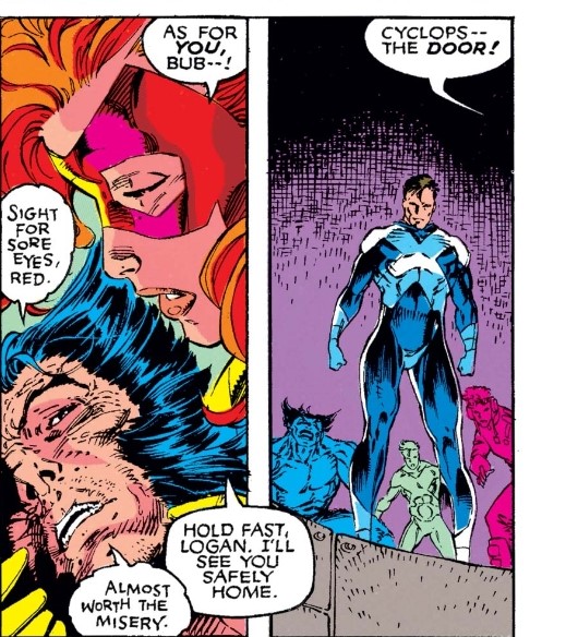 As Jean cradles a grateful Logan in her arms, Lee gives us a stunning reaction shot of the usually pragmatic Scott standing over the pit, momentarily dumbstruck, thus reminding us of all the hurt feelings, envy, and vulnerability between the four characters. 9/10