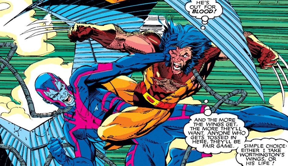 Logan charges. His thought captions tell us that he is acting rationally, but Lee’s illustration portrays Wolverine, quite clearly, in a berserker state, suggesting that Logan is rationalizing what might be a bit of bloodlust on his part. 4/10