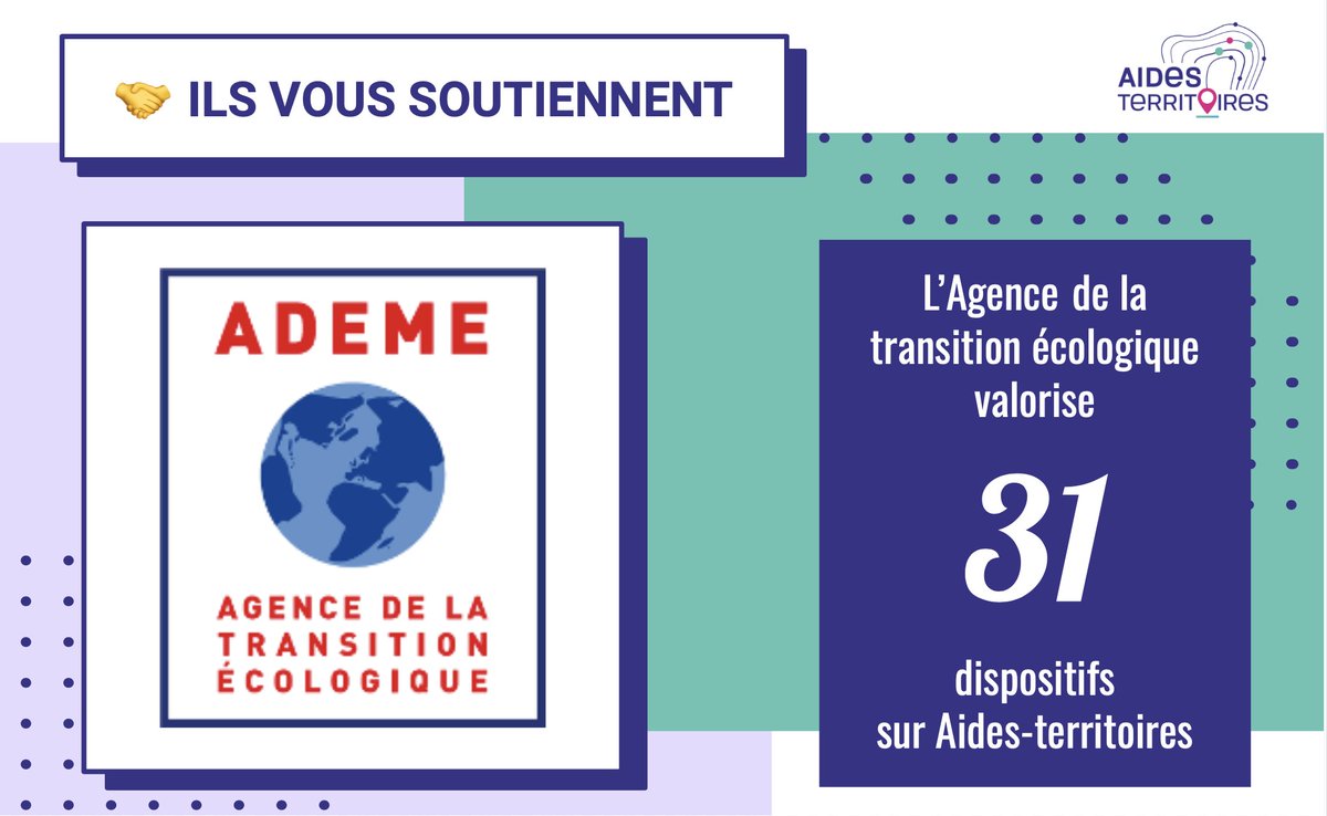 🤝L’<a href="/Ademe/">ADEME</a> est partenaire d’<a href="/AidesTerr/">Aides-territoires</a> et vous soutient sur des projets divers : #DeveloppementDurable, #Energie, #Climat, #transition  ecologique...

👉Retrouvez ses aides sur la plateforme : aides-territoires.beta.gouv.fr/aides/?integra…