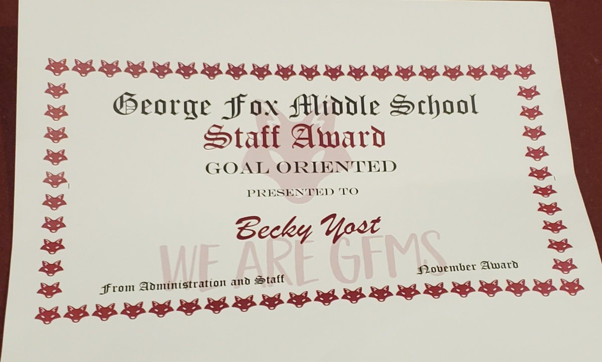 Received this in the mail! Thanks Fox family! I will continue to strive to be my best self while supporting our staff and scholars Proud to Rock the Fox! @GeorgeFoxAACPS #AACPSAWESOME