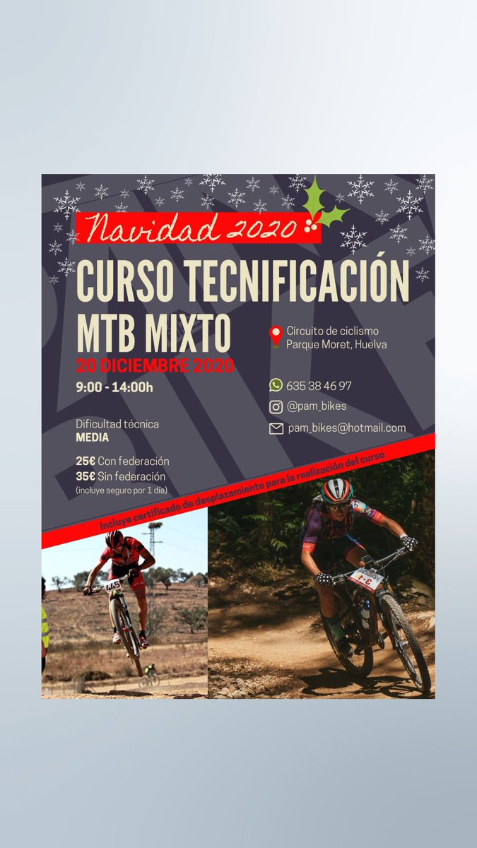 Adquiere nuevas habilidades técnicas de mtb, supera miedos y aprende con nuestras sesiones intensivas 👍👍
.
📌 RECUERDA
📅 20 DE DICIEMBRE 
📍Parque Moret, Huelva.
.
ℹ️ No dudes en pedir información
.
Plazas limitadas, consigue la tuya en:
📱635384697 
📧 pam_bikes@hotmail.com