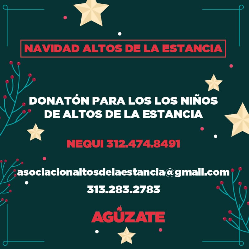 Desde AGÚZATE extendemos la invitacion a compartir y donar algo de dinero para los aguinaldos de los niños de ALTOS DE LA ESTANCIA, desalojados con sus familias durante la pandemia de sus humildes hogares en Bogotá.

SOMOS TODXS POR TODXS,
PARA TODXS💪🏽