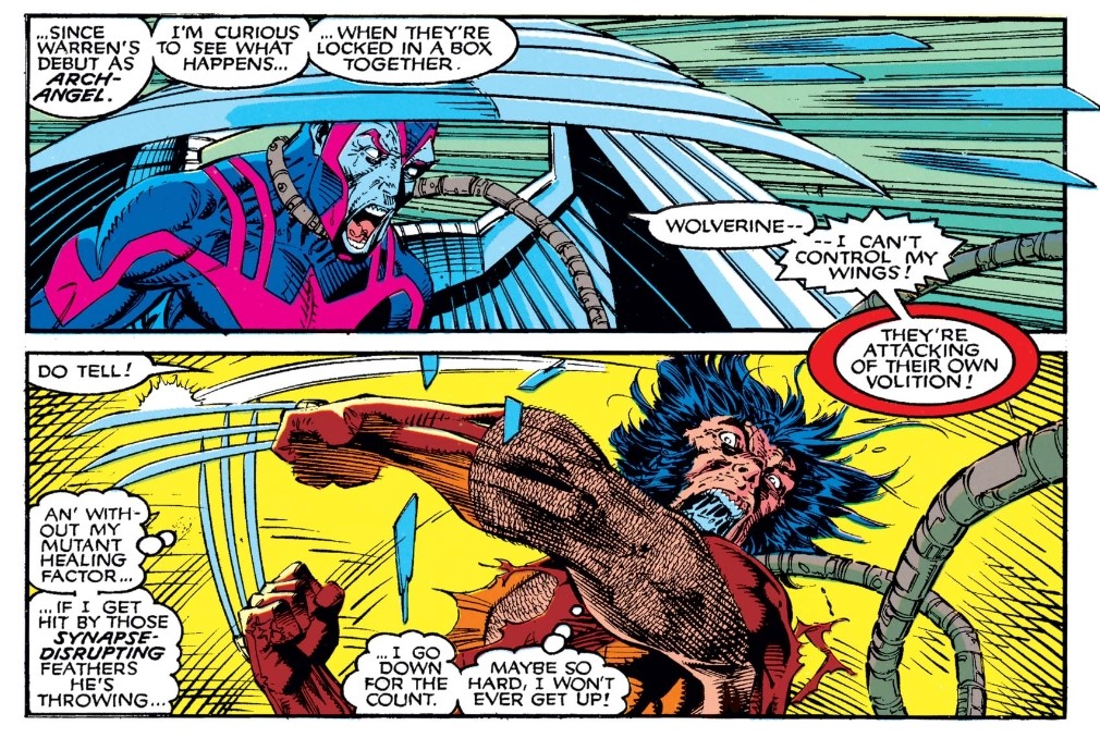 Warren (or rather Warren’s wings) fire the opening shots, acting outside of his own volition, a problem he had struggled with in the past, and one that was no-doubt exacerbated by his animosity toward Logan. 3/10