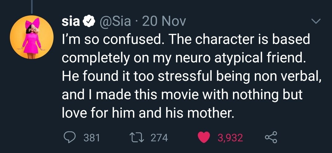 ArcticFox_03's tweet photo. Why Sia's movie "Music" was made with love and good intentions. 
Background information - A thread.

(1) The movie is based on a particular autistic friend of Sia. 1 person, 1 story told with love for her friend and his mom. He didn't want to play himself as he found it stressful https://t.co/Tr4x9ODOe0