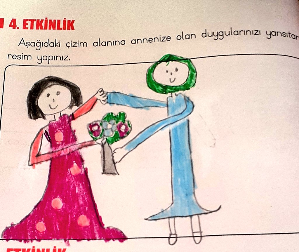 Kızım bana duydugu duygunun resmi yapmış. Mavi elbiseli benim💐🥰😍