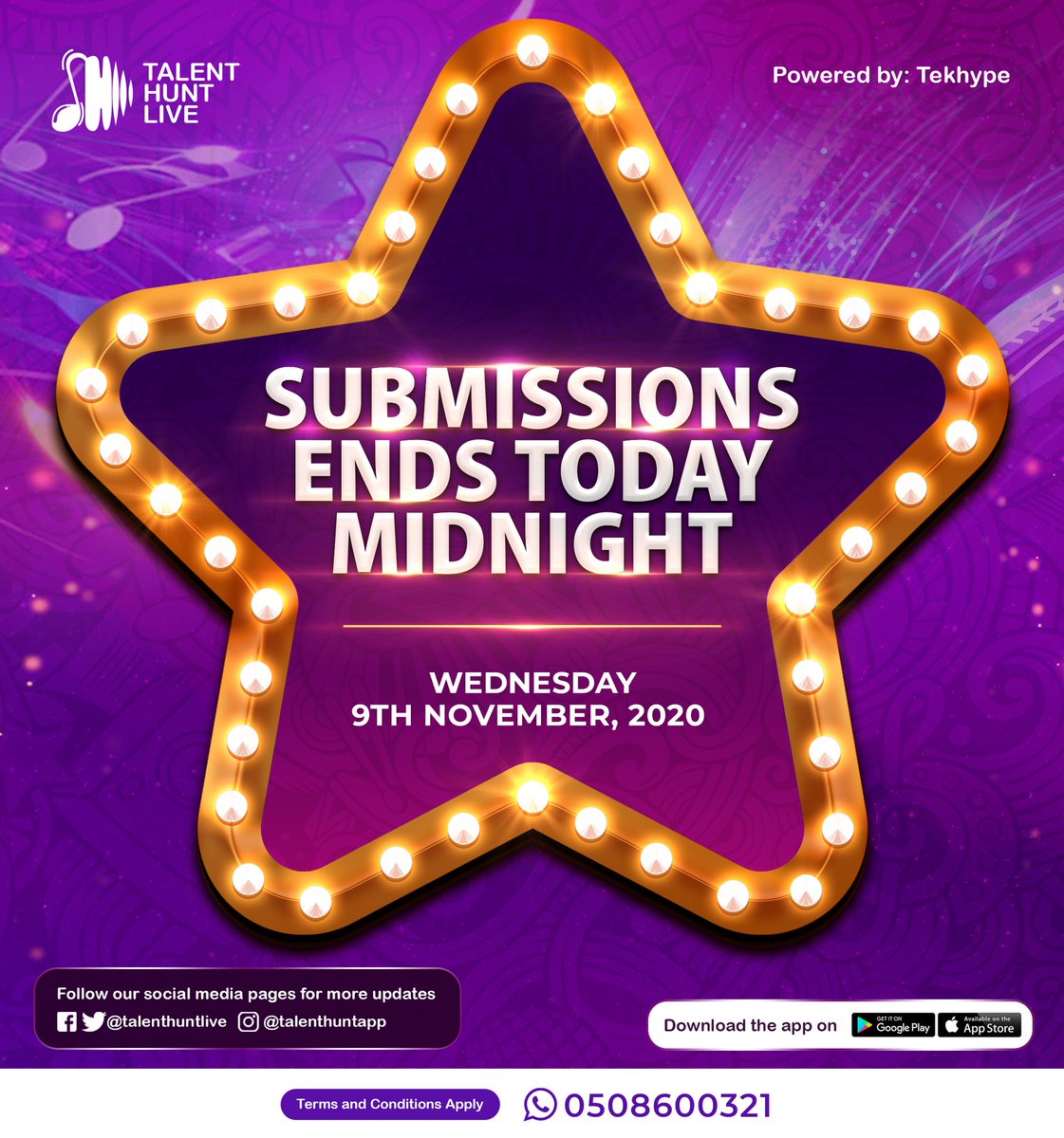 talenthuntlive's tweet photo. Submission of videos ends today, follow the rules and keep your fingers crossed.
#talenthuntlive #talenthuntapp #talenthuntmusiccompetition https://t.co/WJdpAtLaUi