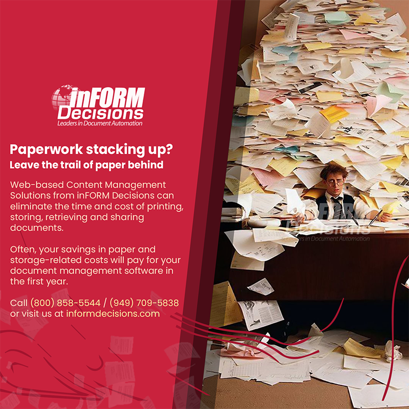 inFORMDecisions's tweet photo. Web-based #ContentManagementSolutions from inFORM Decisions can eliminate the time and cost of printing, storing, retrieving, and sharing documents. Savings in paper and storage costs often will pay for the solution in the first year. 800-858-5544 https://t.co/gOZPTR9ypW #ibmi https://t.co/f5A6oEvAGB
