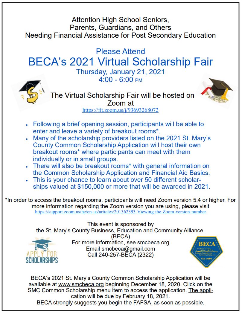 CareerCtrCHS's tweet photo. BECA Common Scholarship Opening Soon!!

IMPORTANT DATES:

Application Opens to Seniors: December 18th, 2020
https://t.co/2ZYQbO1mjT

Virtual Scholarship Fair: January 21st, 2021 - 4:00 - 6:00 pm - See Flyer for Zoom Link

Application Deadline: February 18th, 2021. https://t.co/auwU8UdK4O