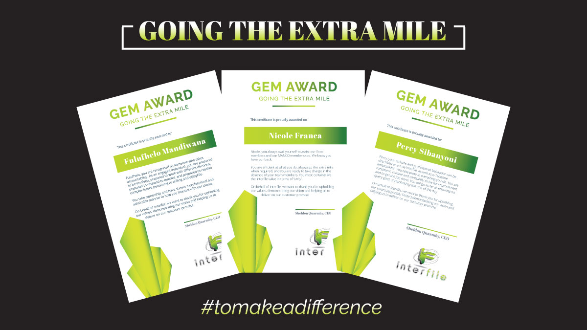 interfile_SA's tweet image. Well done to Fulufhelo Madiwana, Nicole Franca and Percy Sibanyoni for ‘going the extra mile’ for #interfile - we recognise you and thank you.

#tomakeadifference #awards
