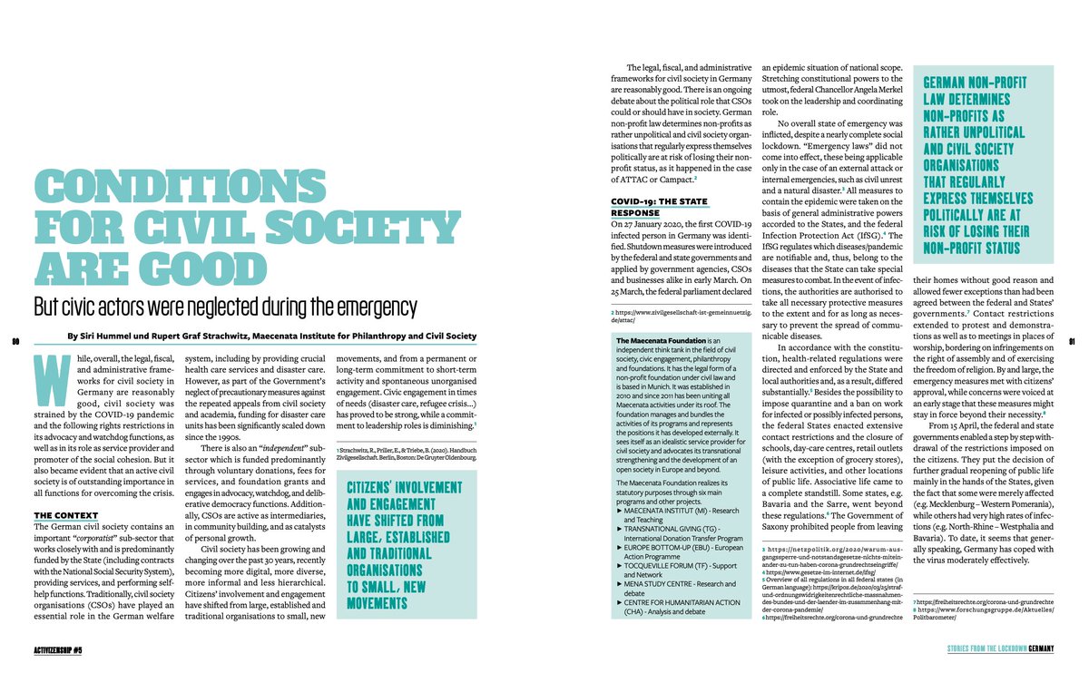 4. Rupert Strachwitz & Siri Hummel ( @maecenata) write that  #CSOs conditions in  are good when they do not step into issues deemed political & during  #COVID19 they were neglected!  @Unteilbar_ organised a safe protest to raise civil society demands in the public debate