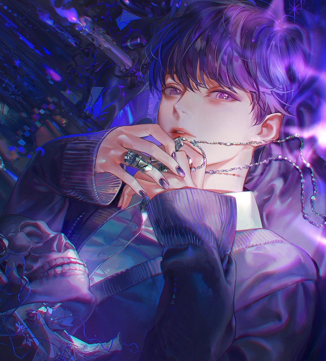 1boy purple eyes male focus purple hair jewelry looking at viewer purple theme  illustration images