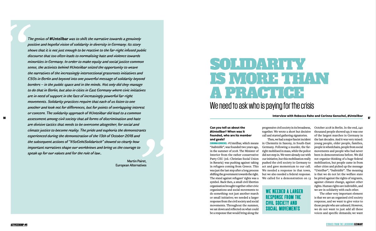 4. Rupert Strachwitz & Siri Hummel ( @maecenata) write that  #CSOs conditions in  are good when they do not step into issues deemed political & during  #COVID19 they were neglected!  @Unteilbar_ organised a safe protest to raise civil society demands in the public debate