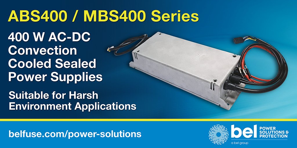 BelPwrSolutions's tweet image. The #BelPowerSolutions ABS400/MBS400 Series of convection cooled #powersupplies are sealed &amp;amp; fully potted w/IP67 protection &amp;amp; fit 1U apps. Mountable for conduction or convection cooling, 300 W in still air/400 W w/conduction via opt. heatsink #BelFuse PR: bit.ly/2VRYPWN