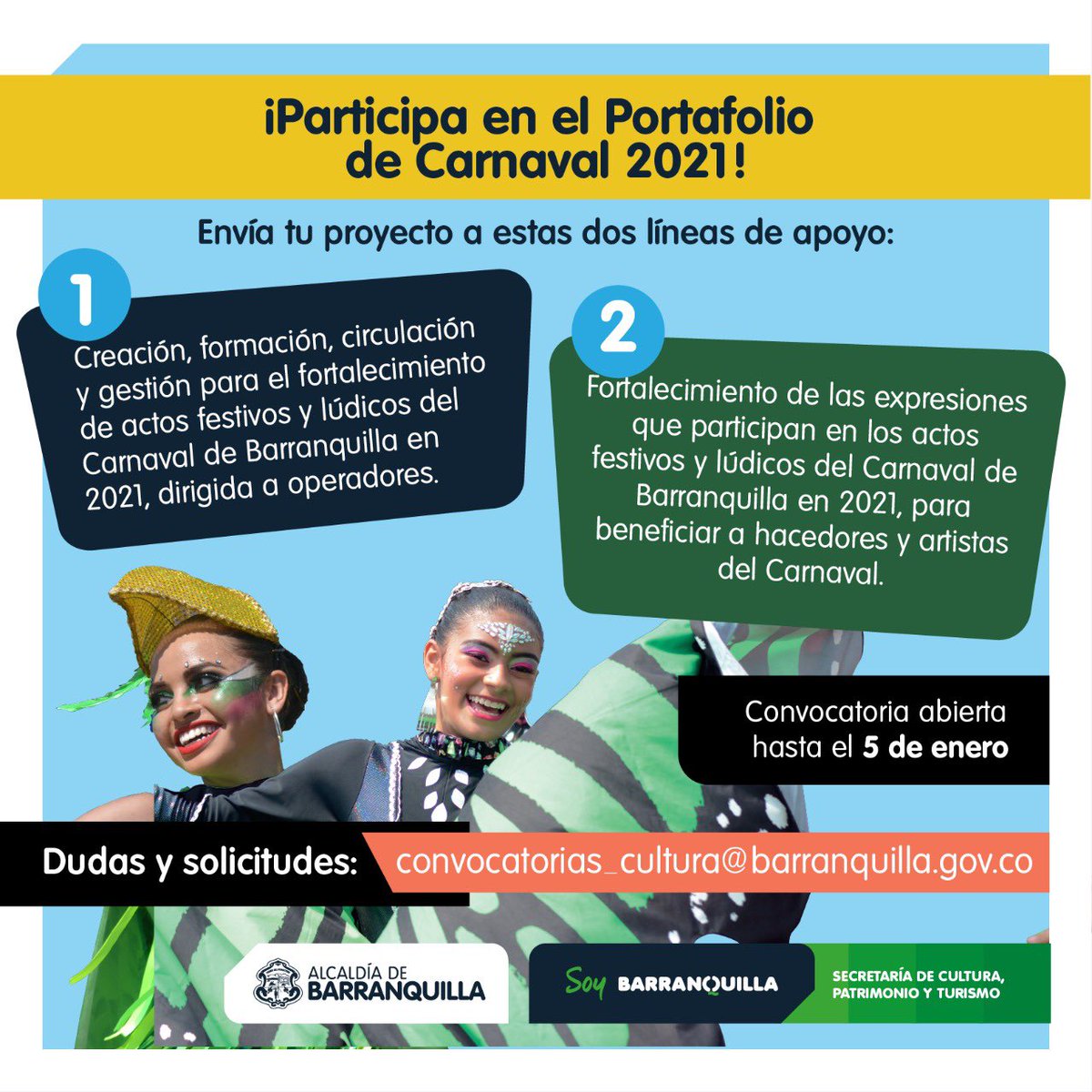 Carnaval de Barranquilla (@carnaval_sa) on Twitter photo ¡Grupos folclóricos y disfraces del Carnaval de Barranquilla!📣 Hasta el 5 de enero estará abierta la convocatoria al Portafolio de Estímulos de @BarranquillaCPT para hacer parte de la agenda virtual del #Carnaval2021
👉🏽 Conoce los requisitos aquí bit.ly/ConvocatoriasB… ¡Grupos folclóricos y disfraces del Carnaval de Barranquilla!📣 Hasta el 5 de enero estará abierta la convocatoria al Portafolio de Estímulos de @BarranquillaCPT para hacer parte de la agenda virtual del #Carnaval2021
👉🏽 Conoce los requisitos aquí bit.ly/ConvocatoriasB…