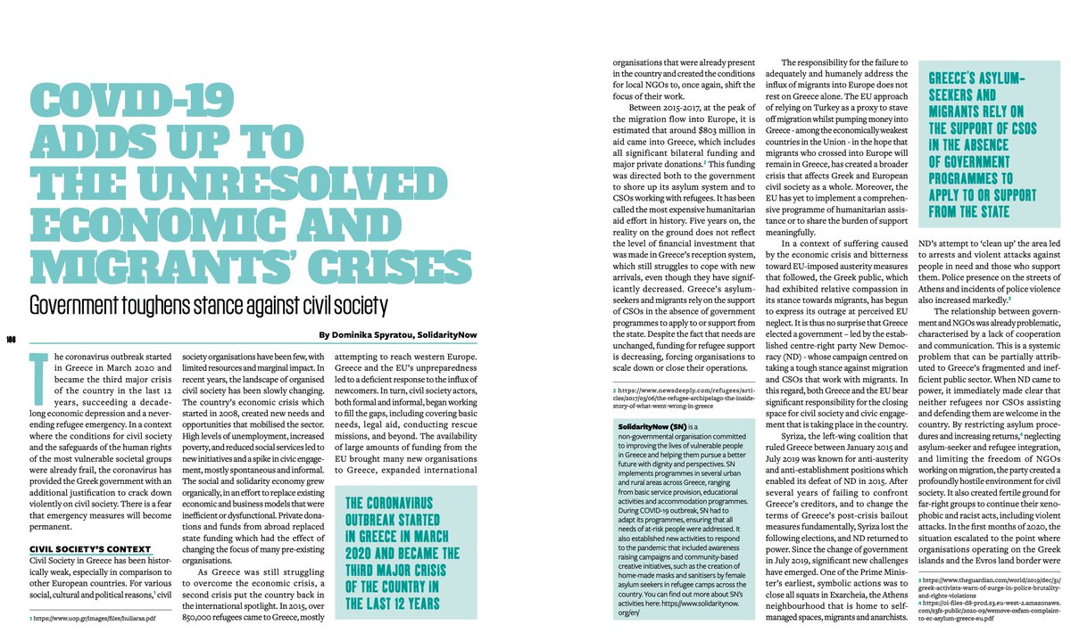 5. Dominika Spyratou ( @Solidarity_Now) writes that  #COVID19 is the 3° crisis of  in the last 12 years & the govt used to crackdown on  #soldarity. But  @MoussaSangareGR ( @Refugeegr) says that  #migrants are self-organising to advocate for their rights!