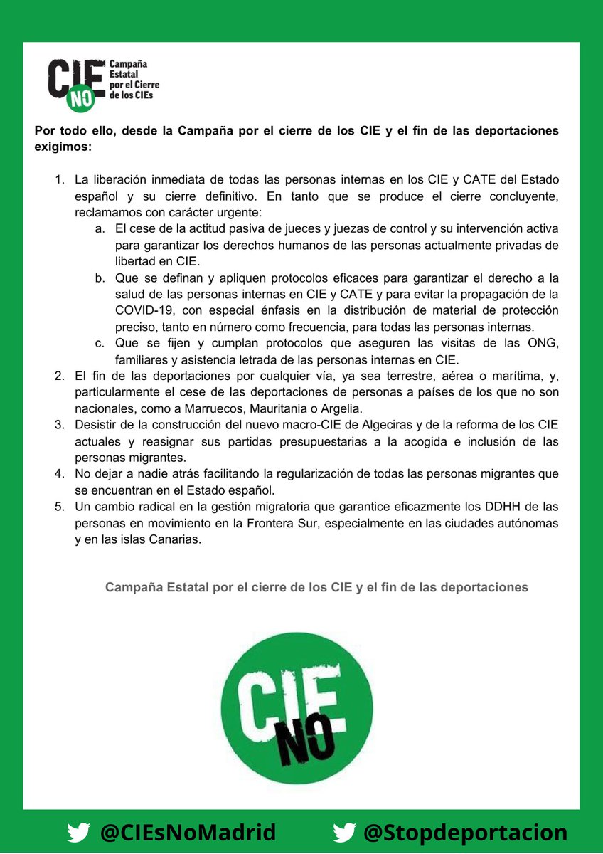 🚨Emitimos este comunicado desde el IX encuentro anual de la Campaña Estatal por el Cierre de los CIE y el fin de las deportaciones. 

Analizadas las decisiones tomadas <a href="/desdelamoncloa/">La Moncloa</a> este año solo admitiremos el #CIErreDefinitivo. 
📢#StopDeportaciones  y #CIESNo ✊