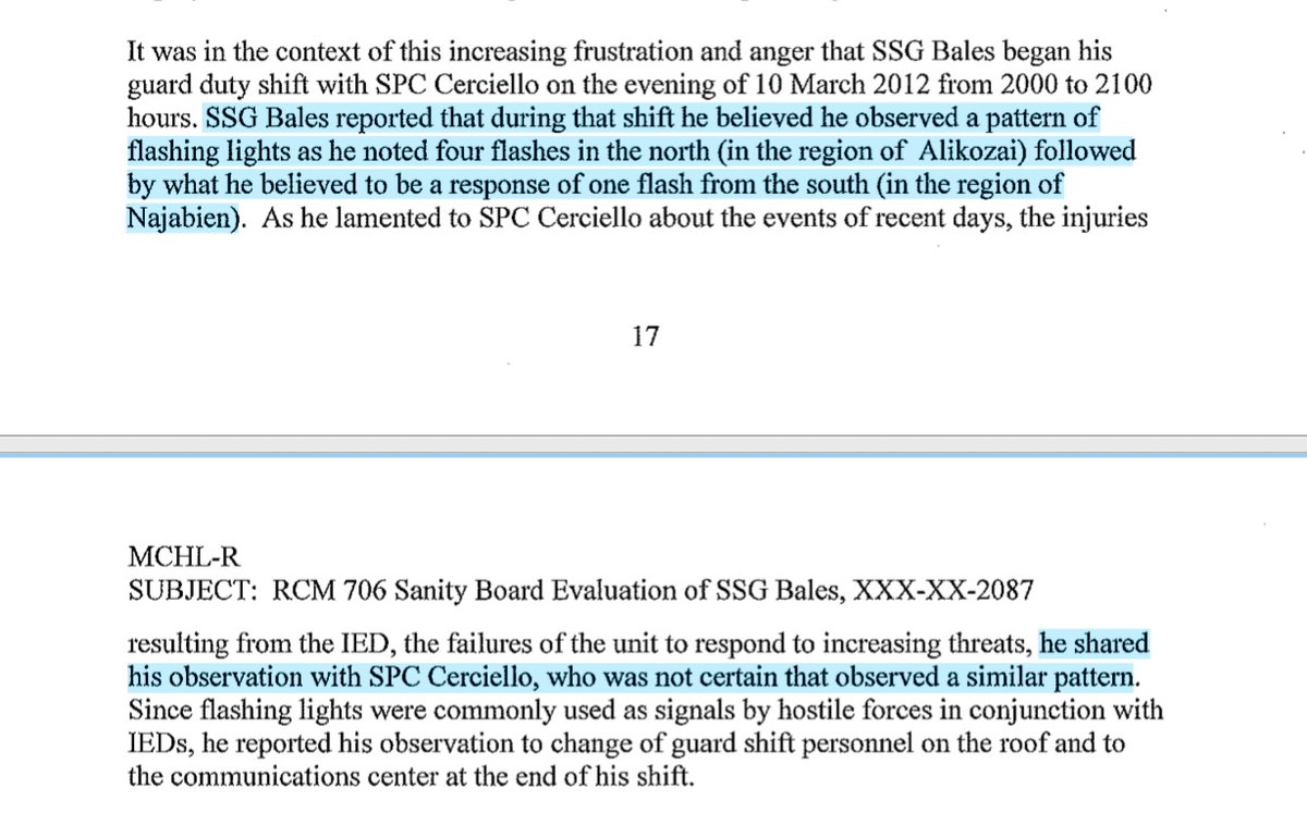 Bales was hallucinating flashing lights being implausibly exchanged between the villages. These hallucinations directly motivated him to take action against what he perceived as an imminent threat. Yet his sanity board completely overlooked this clear evidence of psychosis.
