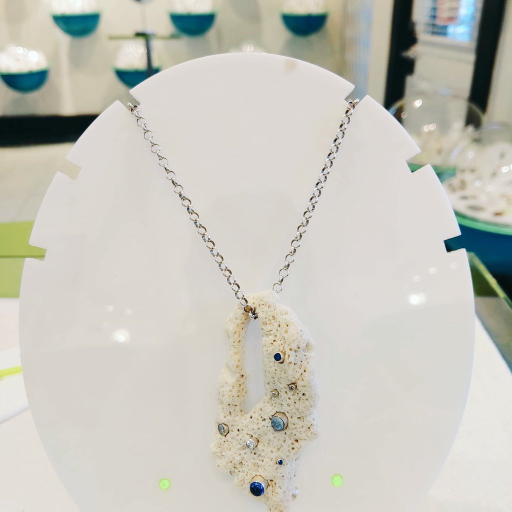 Found washed up, innate and beautiful coral, turned into wearable works of art showing mother nature's collaboration with her biggest competition... people. This wonderful coral and gemstone piece showcases how we can use nature's gifts in partnership! <a href="/dawnbazely/">Dr. Dawn Bazely is @DawnBazely@mastodon.world</a>