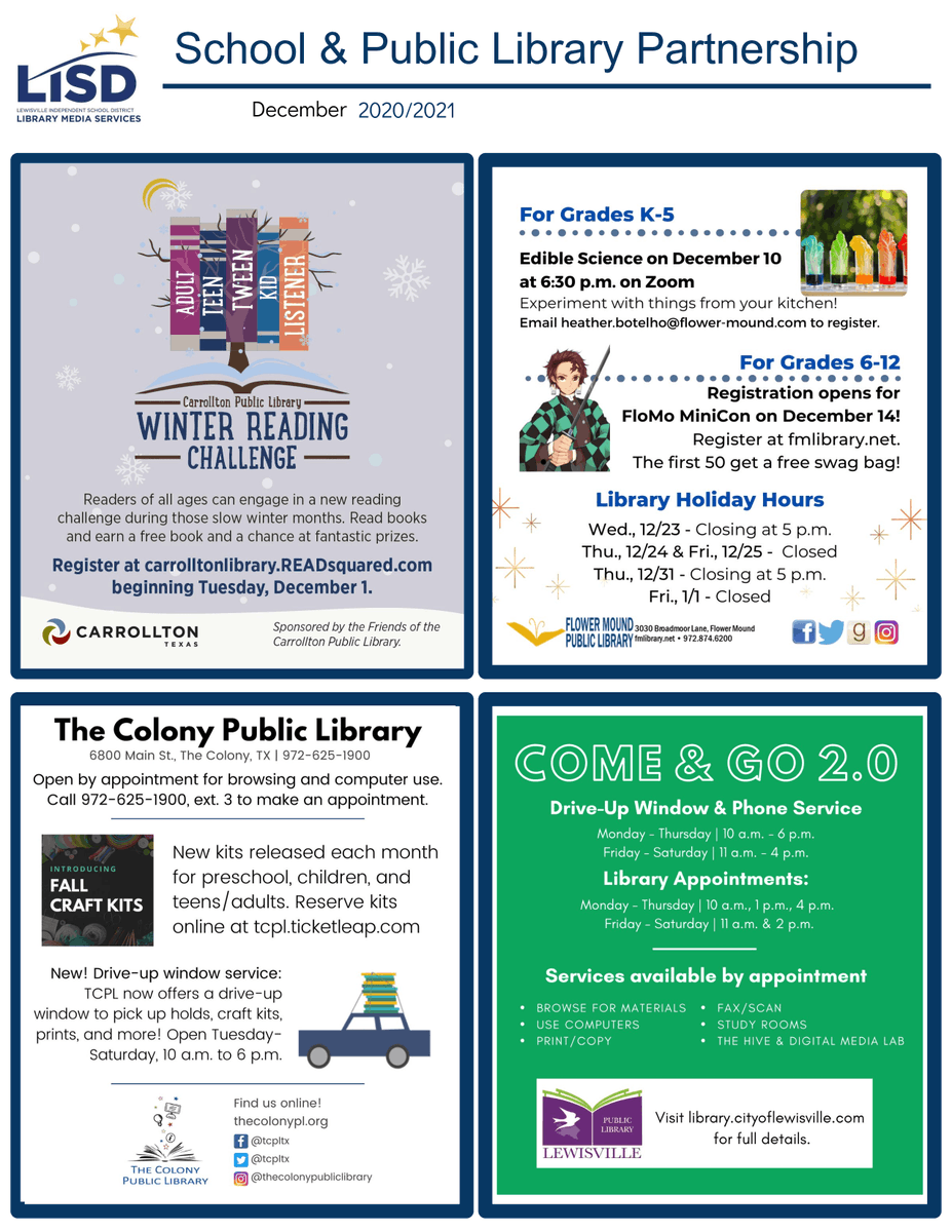 VikingsRead's tweet photo. Check out these December Public  Library Happenings! @HV_Vikings @HVEPTA  #LISDLib #lifeisgoodatHVE https://t.co/AkmOoQCdIa